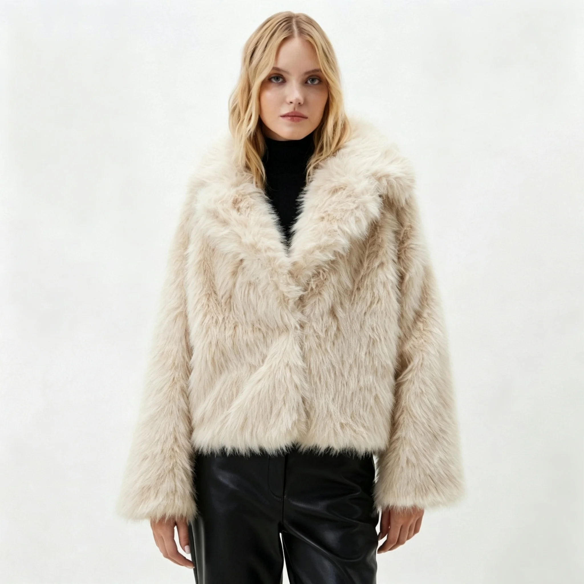 RU 2026 Women Faux Fur Jacket Lapel Collar Loose Plush Warm Outerwear For Autumn Winter Street Fashion Daily Outfit