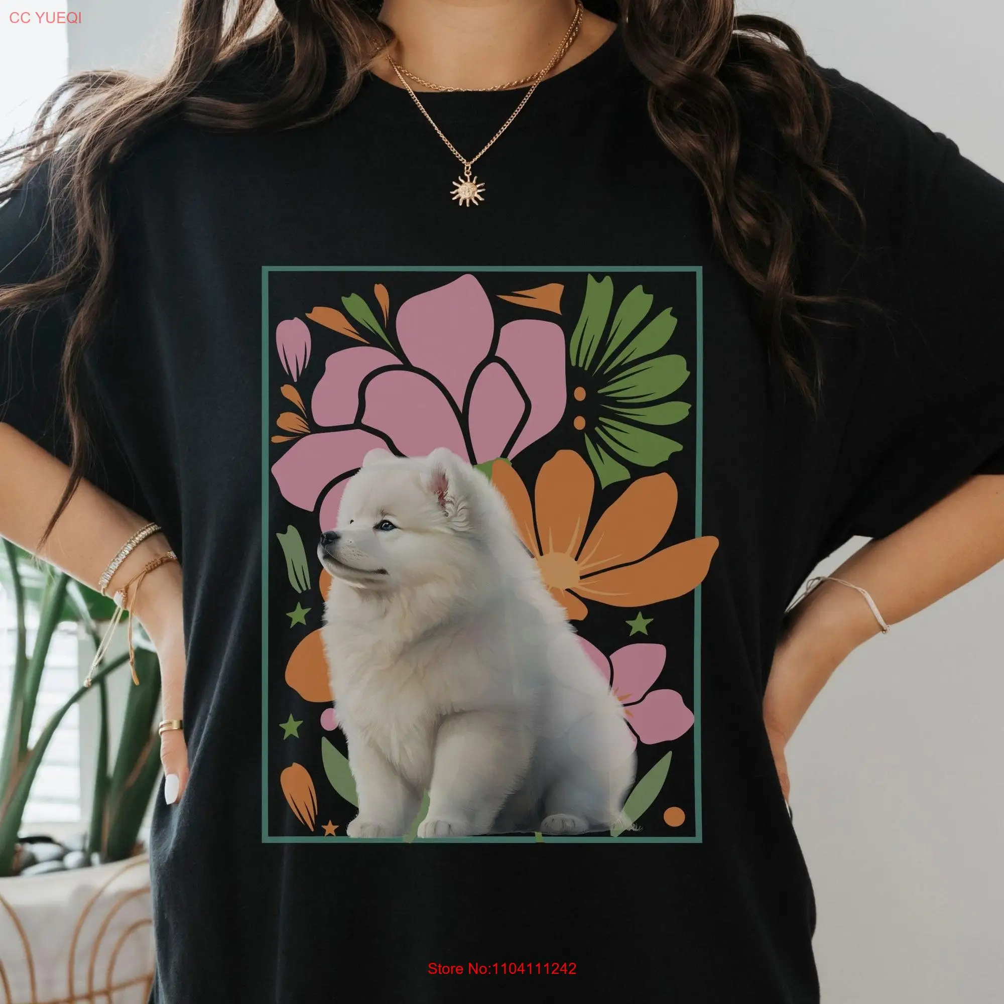 Samoyed T Shirt Boho Floral Vintage Wavy Flower s mom Lover Owner Samoyeds long or short sleeves