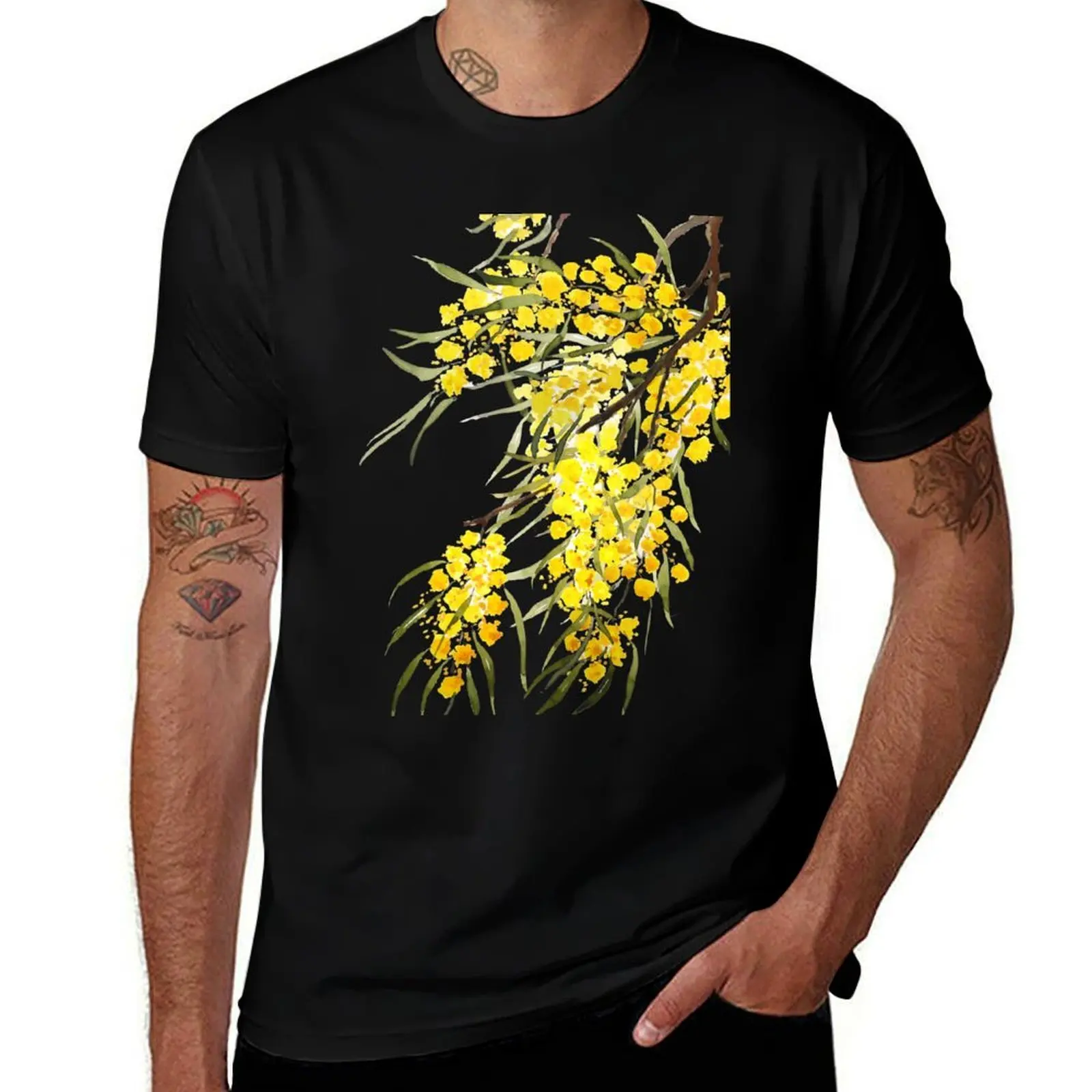 t shirts t-shirt t g for shirts man T-Shirt graphic man package flower man cotton men black wattle watercolor golden for plain