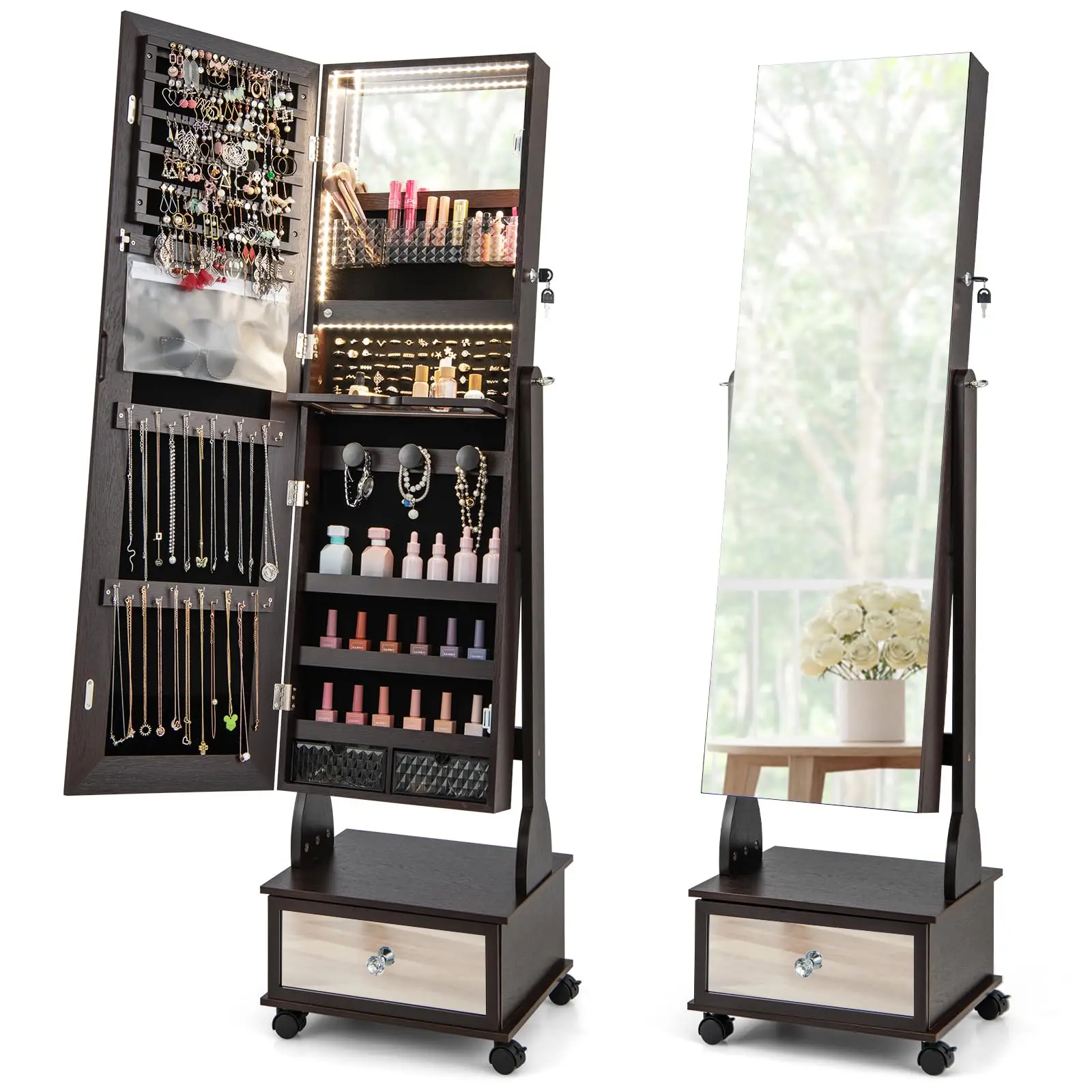 Rolling Jewelry Armoire with Full Length Mirror, Lockable Standing Jewelry Cabinet Organizer with Wheels & 3-Color