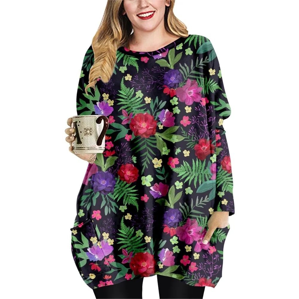 NEUE Rosen Druck Frühling Herbst Lose Beiläufige Stil Damen T-shirt Doppel Tasche Kleid Rundhals Langarm Kleid