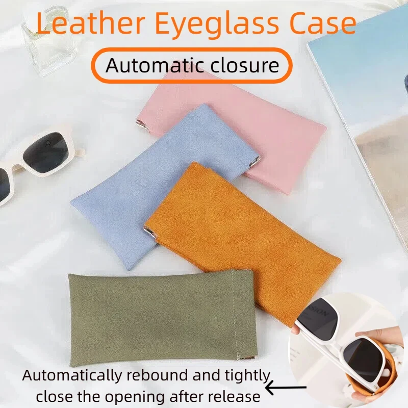 Unisex Leather Eyeglass Case Portable Auto-Close Spring Hinge for Sunglasses Super Soft Portable Solid Color Sunglasses Case