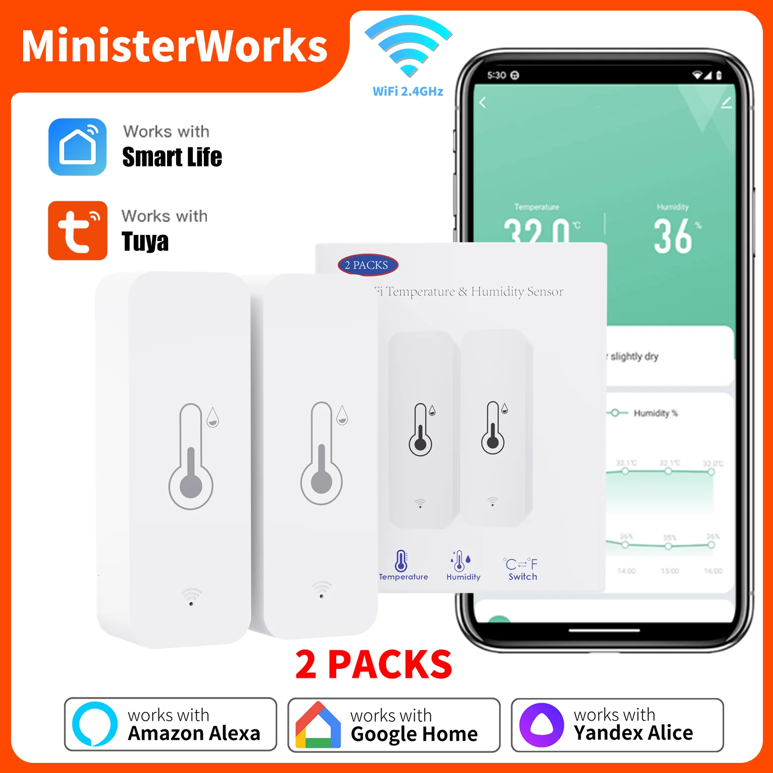 2PACK Tuya WiFi Temperature and Humidity sensor Smart Life APP Remote Control Work with Yandex Alice Alexa