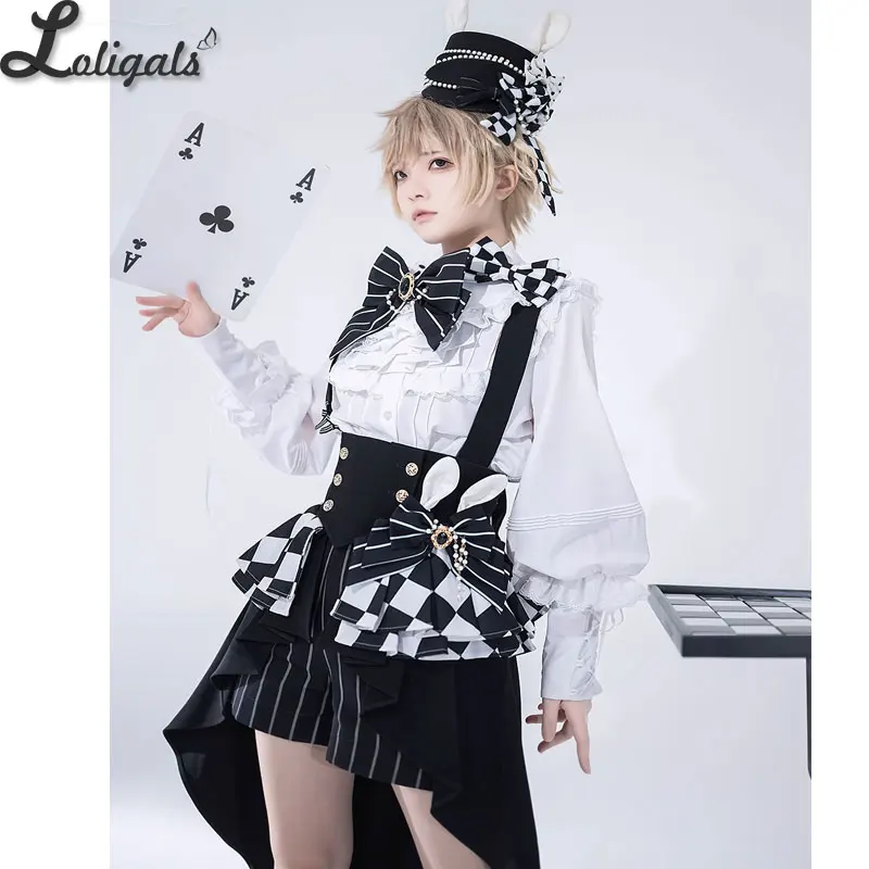 Ouji Lolita Outfit High Low Waist Cincher / Long Sleeve White Shirt / Striped Shorts / Bow Train ~ Rabbit Theater Corset Costume