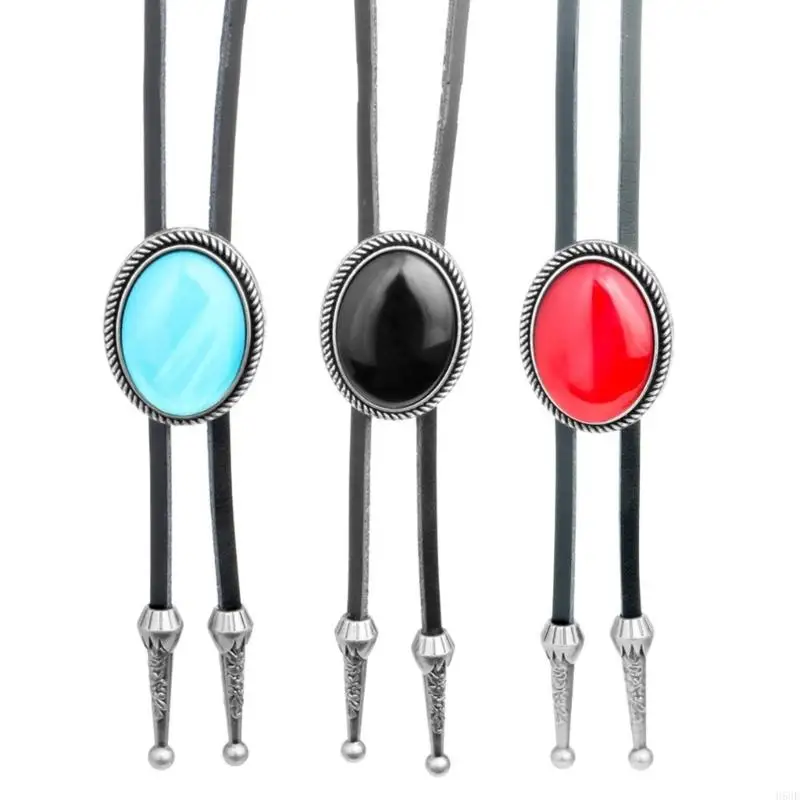 H58E Westerse lederen bolo tie ovale vorm stenen sieraden stropdas ketting overhemd ketting