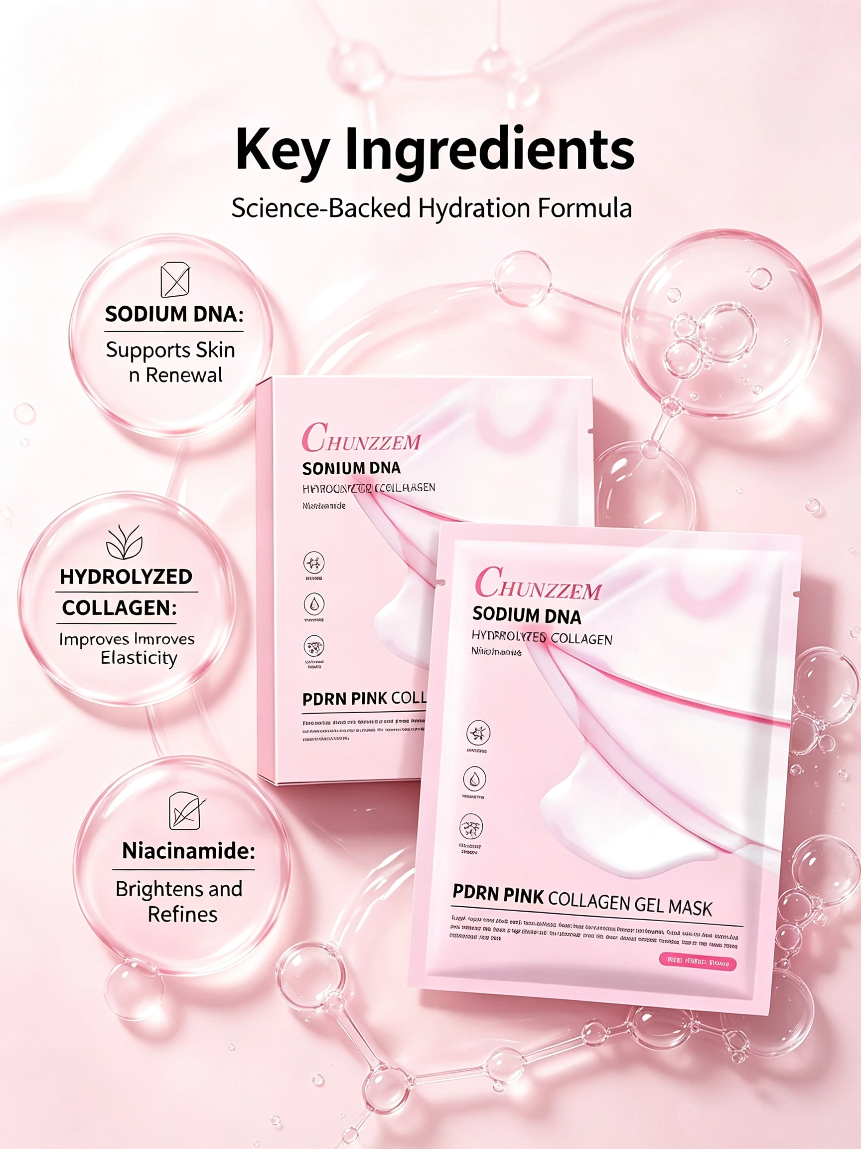 4pcs/box Multieffect PDRN Pink Collagen Gel Mask 3 Major Glow Effects Hydrate Firm Brighten Dry Dull Skin Rich Essence Lock Moisture Soft Gel Mask Easy Three Steps Safe Mild External Use Mask Recommended 2 To 3 Times Weekly For Long Term Skin Care