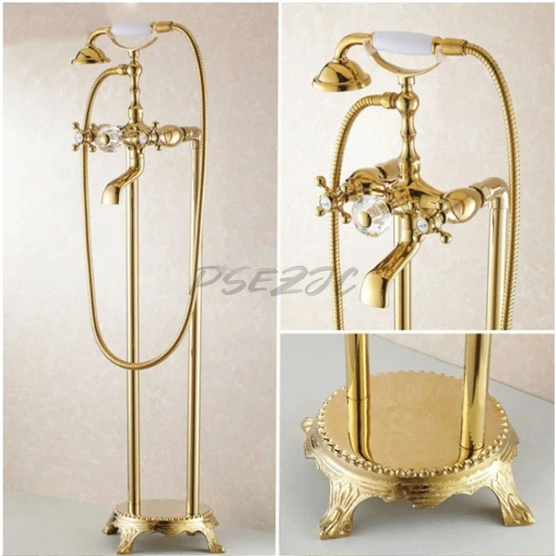 Head Vertical Wooden Barrel Faucet Electroplated Retro All Copper Bathtub Faucet Floor Standing Gold Shower