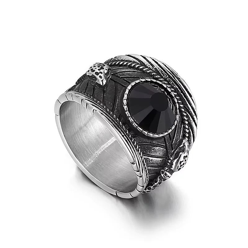Fongten Crystal Stone Charm Rings For Men Snake Stainless Steel Finger Rings Male Rotre Black Color Jewelry