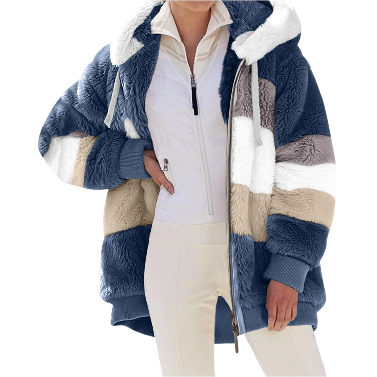 

YHOPE Women's Fashionable Plush Patchwork Zipper Pocket Hooded Long Sleeved Loose Warm Jacket