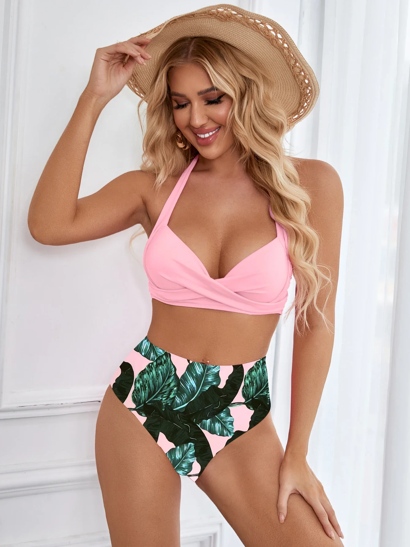 Bikinis de cintura alta para mujer, traje de baño con cuello Sexy Halter, conjunto de Bikini estampado, traje de baño para mujer, Bikini XXL 2024