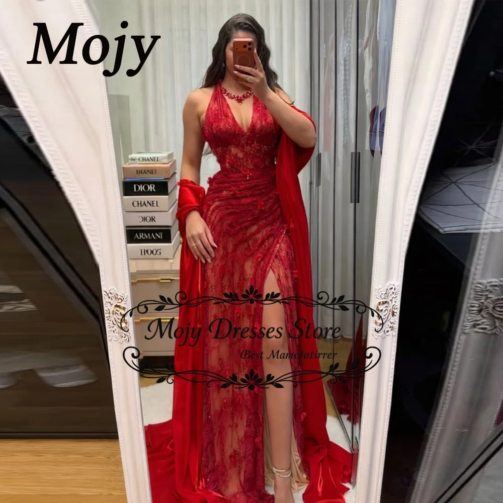 

Mojy Customized Red Mermaid Side Split 3D Flower Sexy Prom Dress Halter Neck Pleats Floor-Length Formal Gown Vestidos De