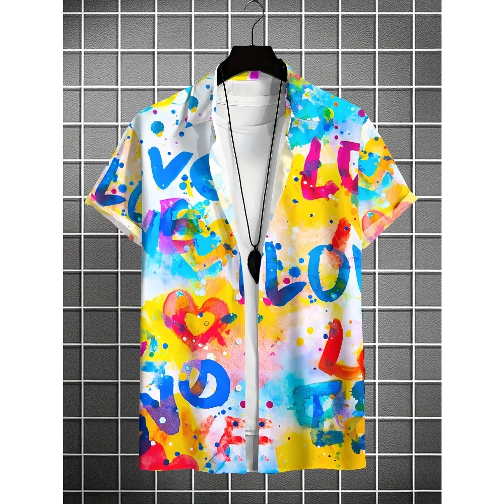 Date Trip Casual Shirt Multi Style Men Colorful Watercolor Splash LOVE Letter Heart All Over Print Short Sleeve Top