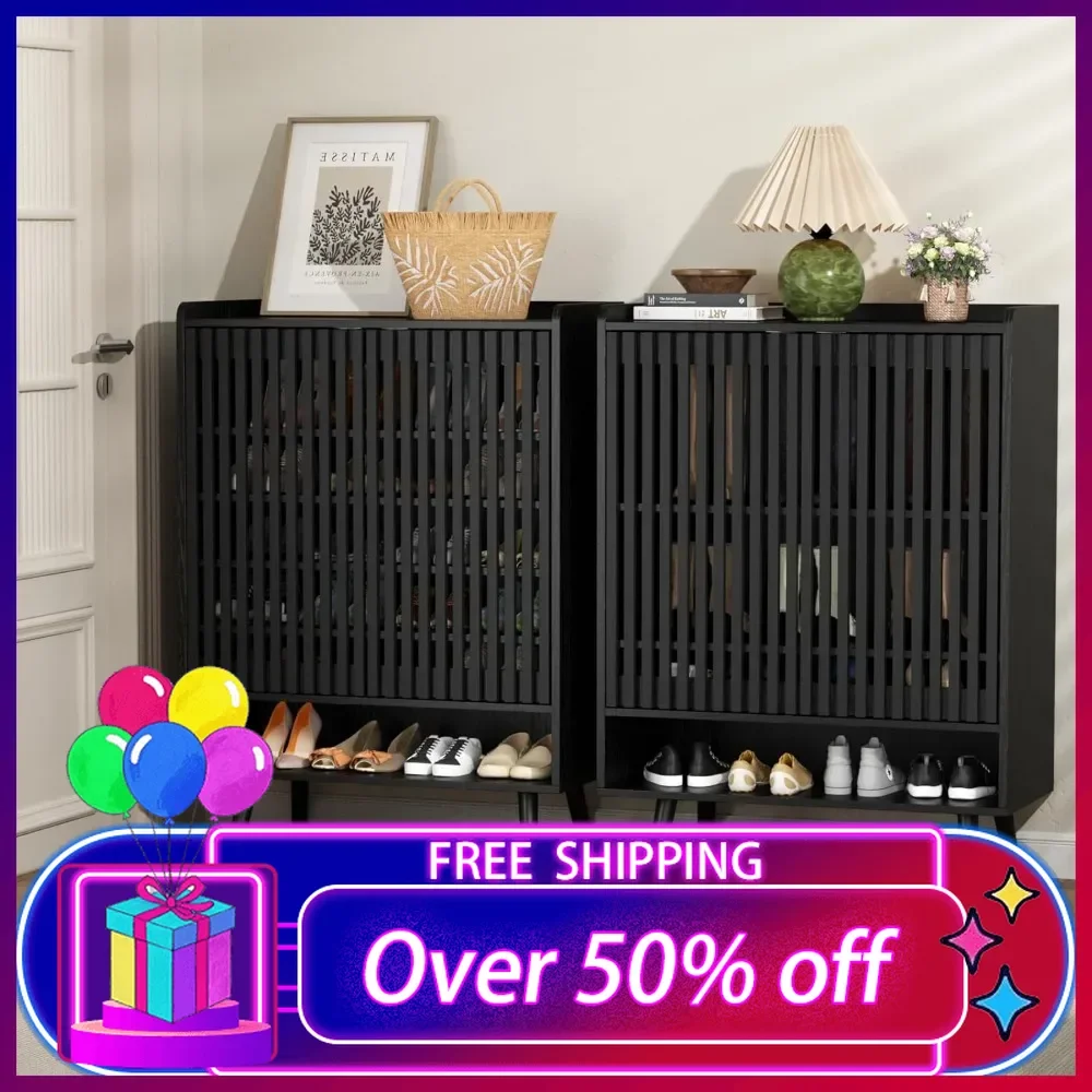 Set of 2 Large Shoe Cabinet with Doors, 6-Tier Entryway Shoe Storage Cabinet with Adjustable Shelves, Shoes Rack Organizer