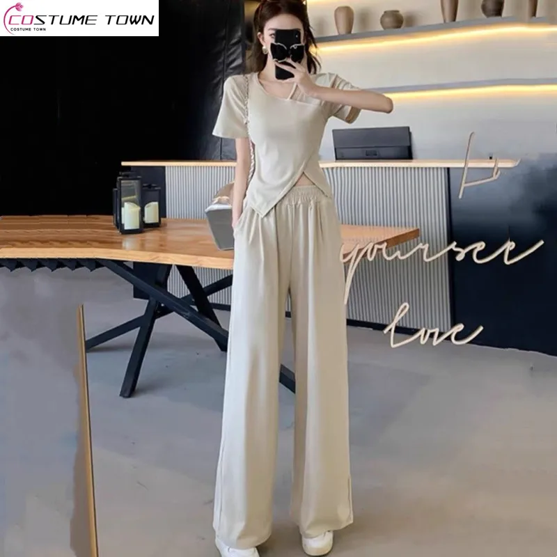 Summer new high-end niche irregular fashion suit loose high waist slim fit fashionable wide leg pants two-piece set