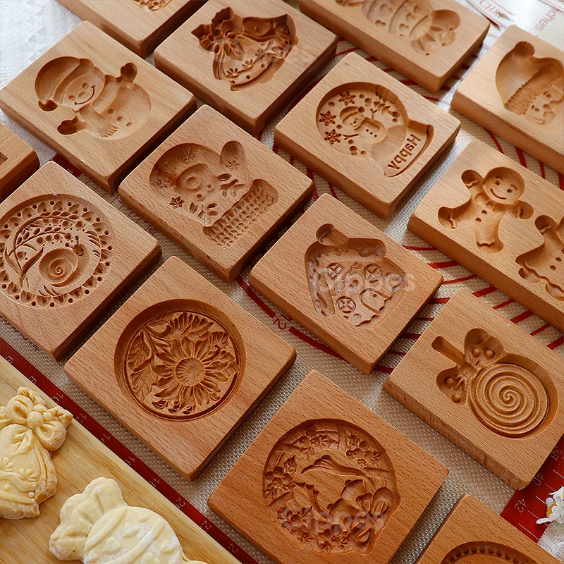 Wooden Cookie Molds for Christmas, DIY 3D Engraved Embossed Biscuit Cutter Moulds, Xmas Tree Snowflake Santa Claus Gingerbread