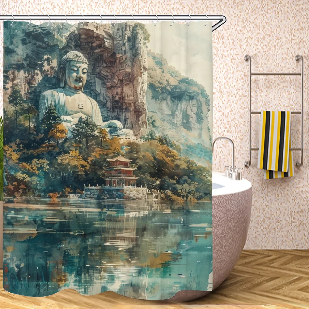 The Big Buddha in the Deep Mountains Shower Curtain for Bathroom Accessories Set Folding Partition Bath Curtains Bedrooms Things