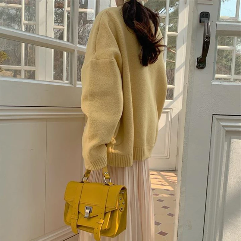 Lucyever Yellow Knitting Cardigan Women 2024 Autumn Long Sleeve Loose Sweater Cardigans Woman Korean Style Solid Color Thin Coat