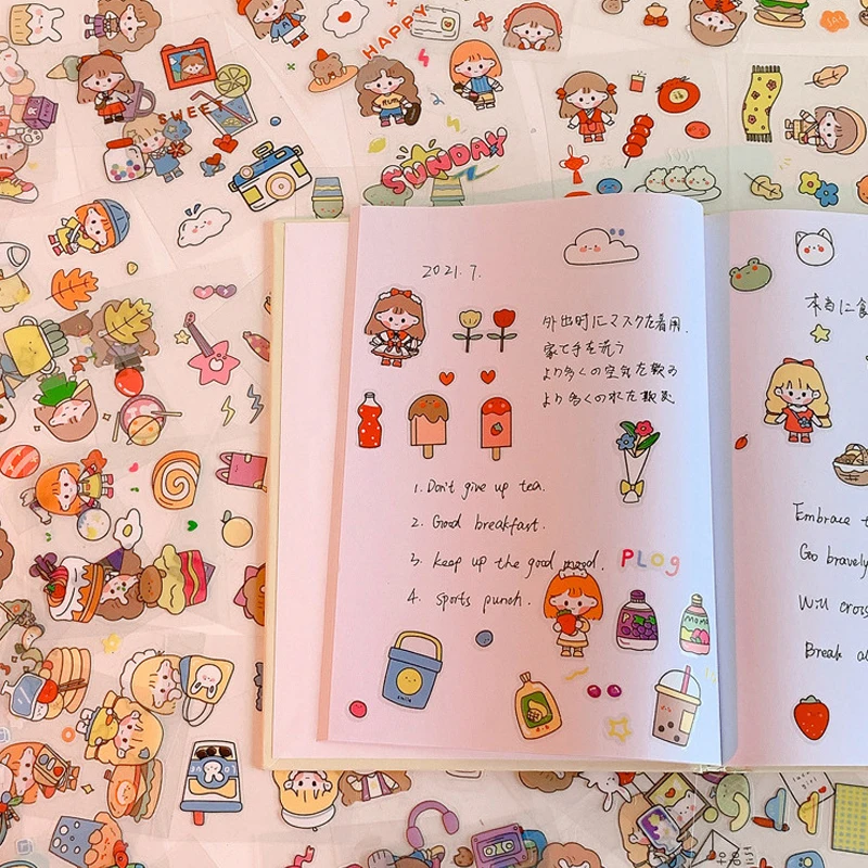 Kawaii Cute Girl Stickers Cartoon Pattren PET Waterproof for Decoration Stationery DIY Scrapbook Journal Water Cup Child Gift