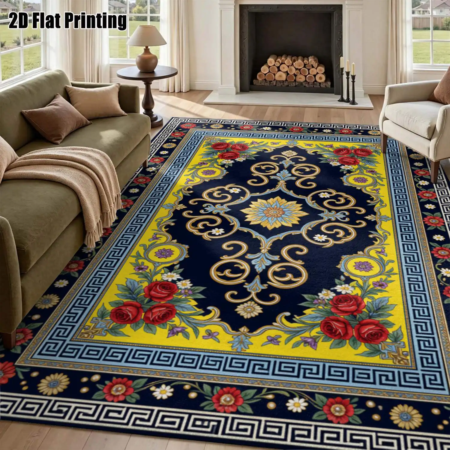 1Pc 2D Printed Carpet: Yellow Black Floral Scroll Patterns, European Retro Light Luxury Home Decor, Multi-Size, Machine Washable, Suitable for Entrance/Dining Room/Foyer/Study/Bedroom/Living Room