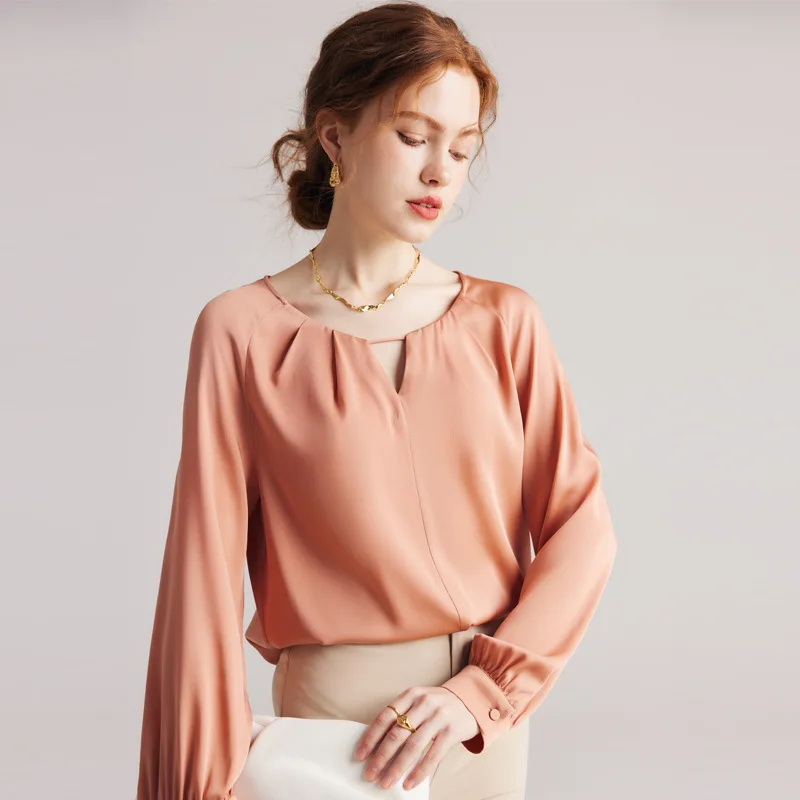 

Silk Blouse for Women Round Neck Long Sleeve Summer Cool Comfy Charmeuse Silk Tops for Ladies