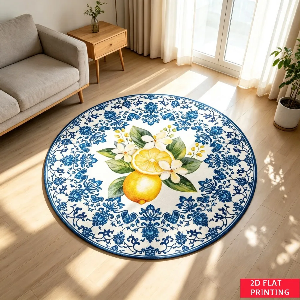 Blue Lemon Botanical Round Area Rug, Yellow Fruit Floral Printed Circle Carpet, Non-Slip Floor Mat For Kitchen Dining Space