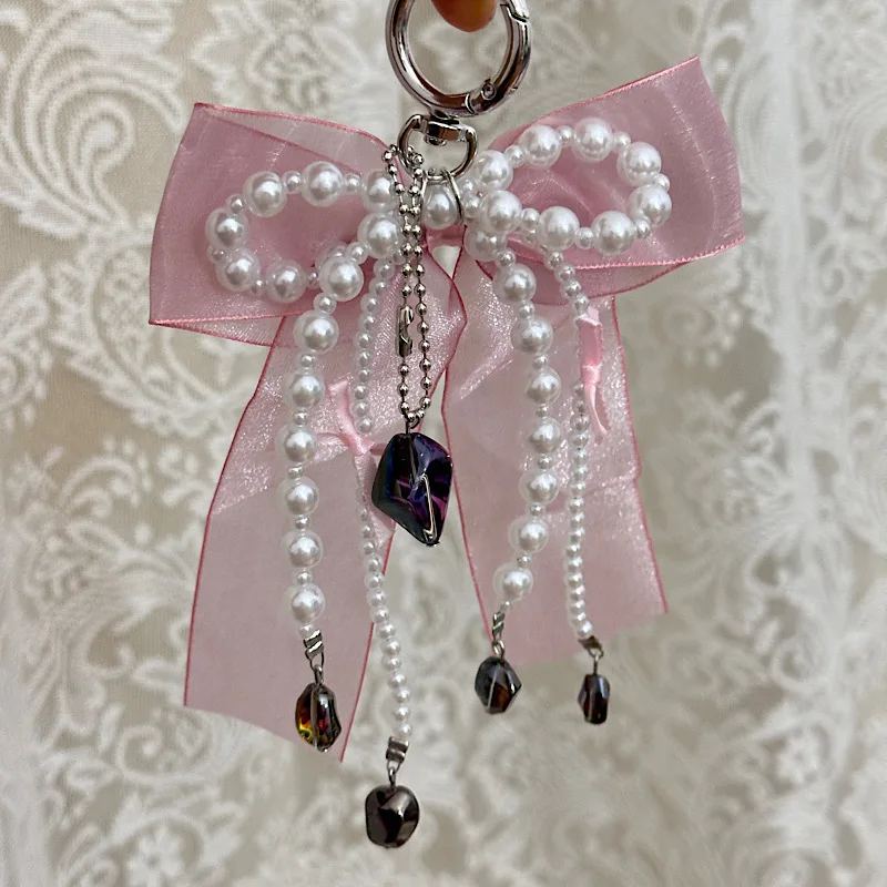 Catena per telefono con fiocco in garza morbida di perle di alta qualità Fascino per borsa per auricolari con fiocco in pizzo stile dolce e fresco nero e rosa