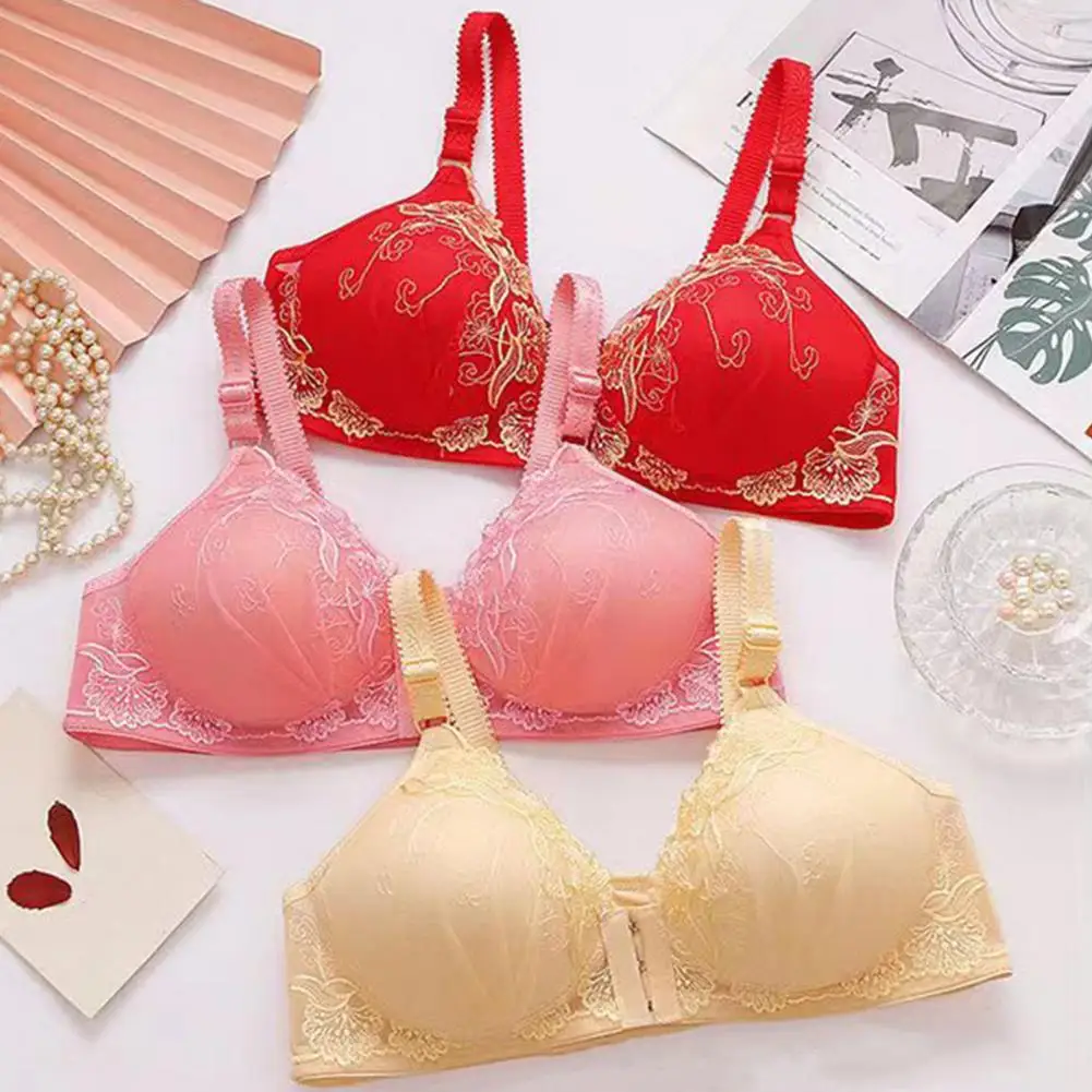 36C-44C Back Beautifying Bra Women Bra Front Buckle Closure Floral Embroidery Lace Push-up 3/4 Cup Bra Prevent Exposure 95