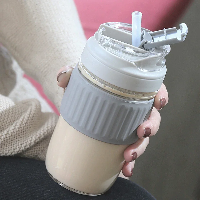 Portable Glass Cup with Straw Office Ladies Style  Forest System Coffee Cup Cover Travel Water Bottle Ins Wind Macaron C...