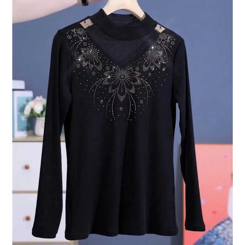 Oversize Versatile Fashion Women\'s Clothing Autumn and Winter New Lace Half High Neck Long Sleeve Simplicity Commuter Pullover