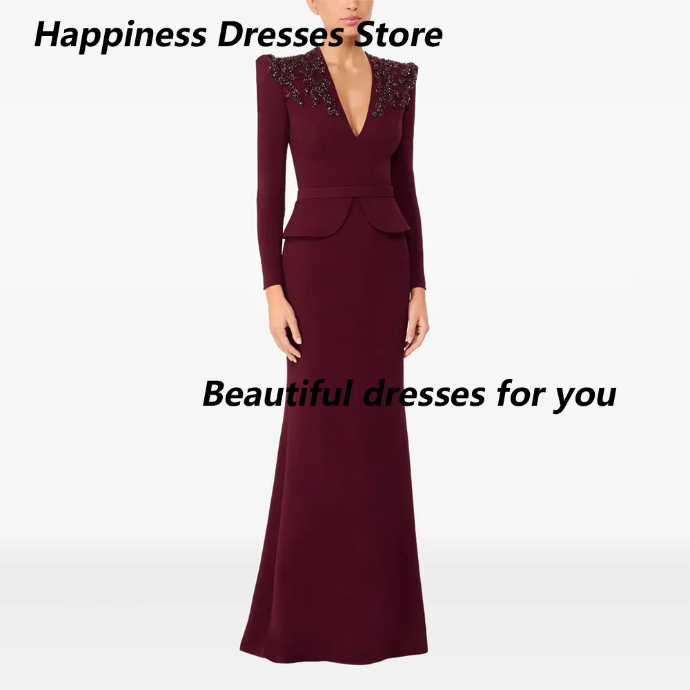 

Luxury Evening Dresses Burgundy Crystal Long Sleeves Evening Gowns V-Neck Mermaid/Trumpet Wedding Party Dress Customized