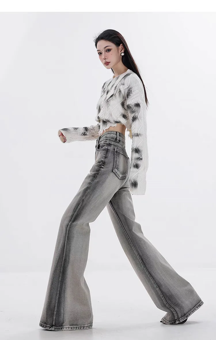 Women's Washed Water Grey Micro Flare Jeans Straight Summer Denim Trousers Girl Wide Leg Pants Female High Waisted Sweatpants