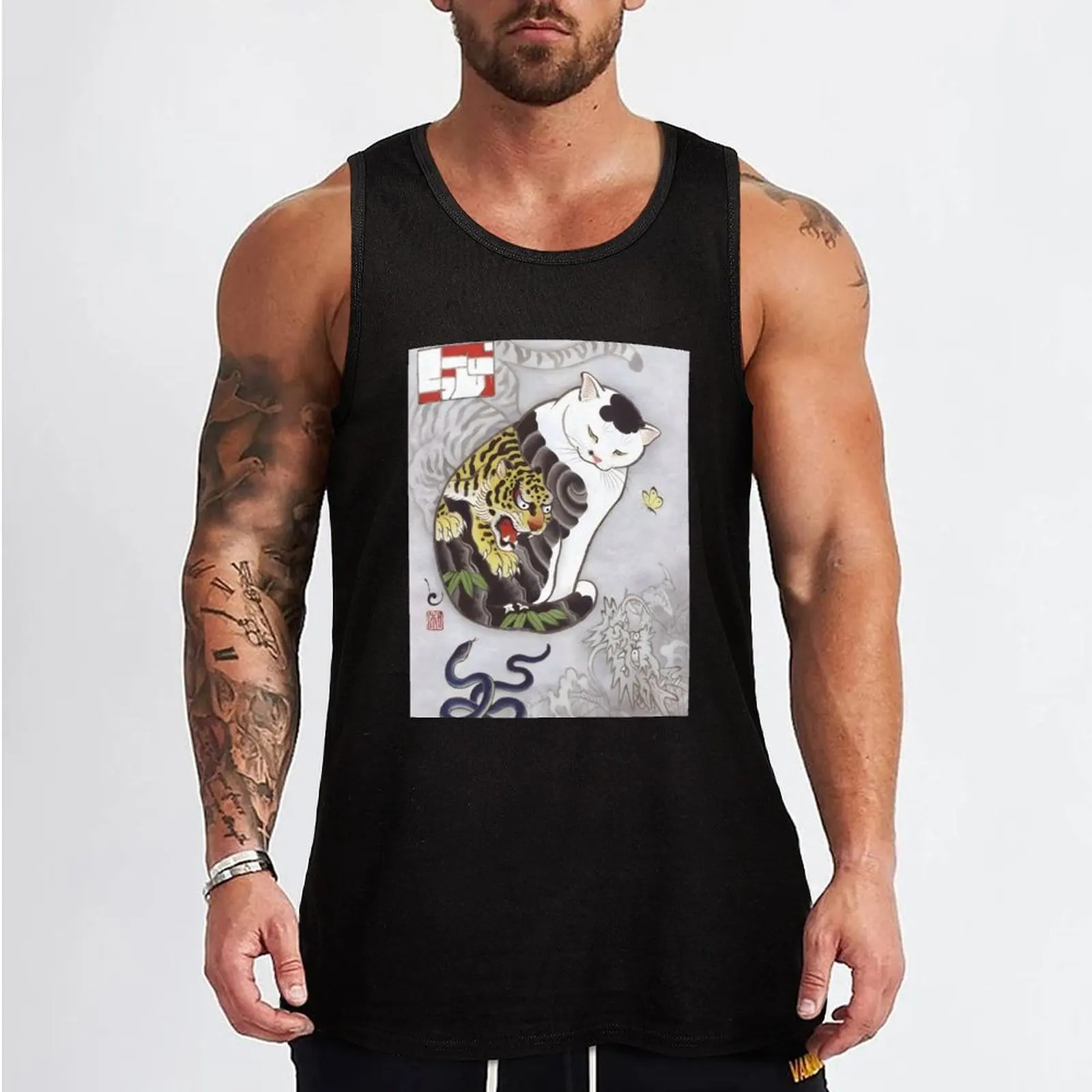 Ukiyo e Cat Tiger Tattoo Tank Top Men's summer clothes Men's t shirt