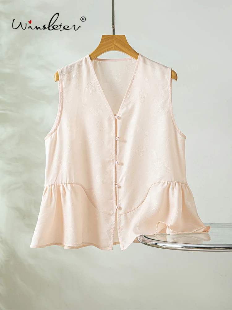 Winsleter-100%Real Silk Elegant Vest Coat, V Neck Jacquard Ruffles, Women Lazy Age Reduction Waistcoat, 2026 Summer New C67332CC