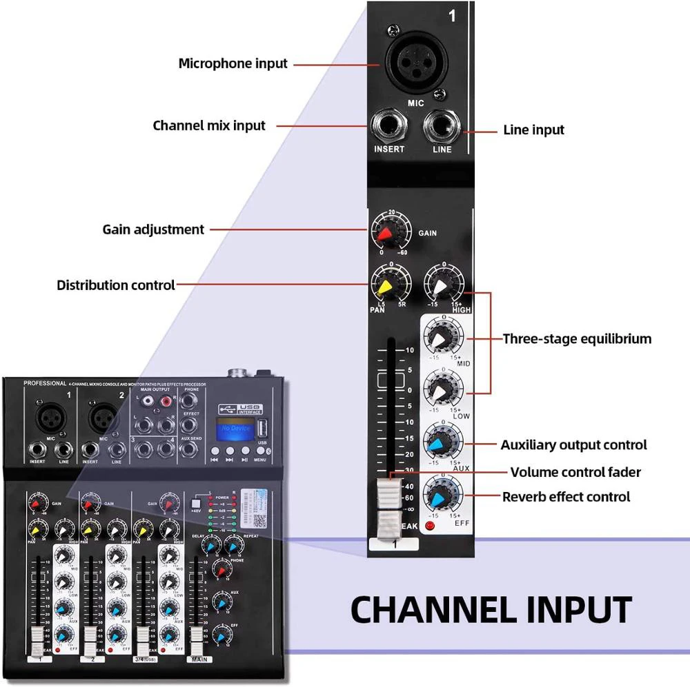 Mixer Audio deusheng F4 Console di missaggio Audio professionale a 4 canali con registrazione USB Bluetooth percorso Monitor di alimentazione Phantom 48V