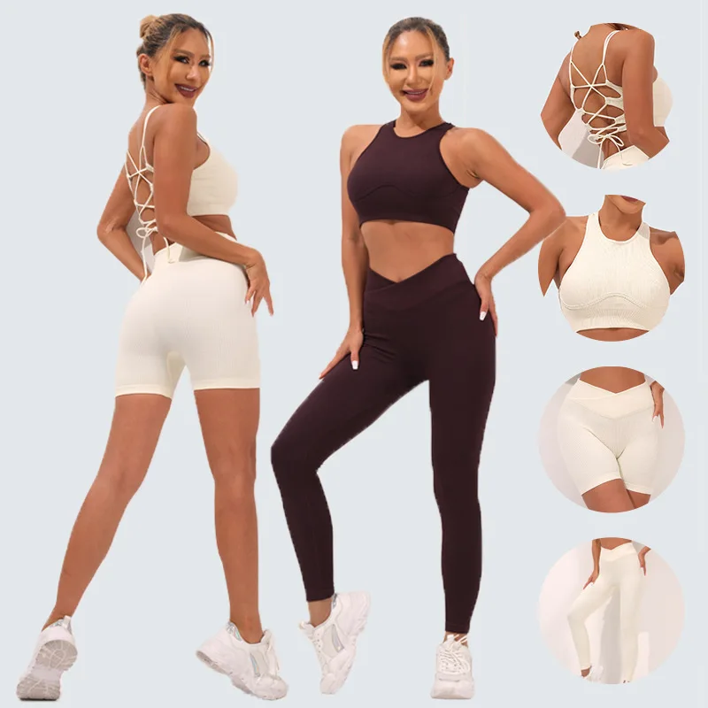 

Seamless Ribbed Yoga Set Sports Crop Bra and Shorts Workout Sets for Women 2 Pieces Gym Tank Legging Suit Fitness Running Outfit