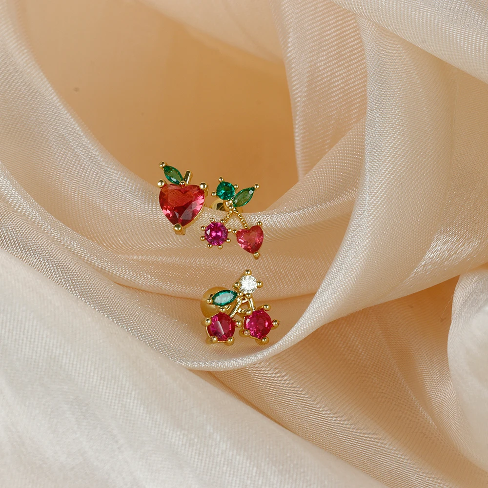 1PC Stainless Steel Crystal Fruit Stud Earrings for Women Small Cute Cherry Grape Tragus Helix Cartilage Piercing Jewelry