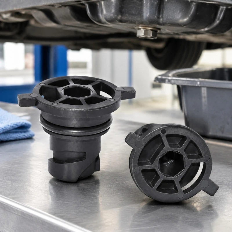 Engine Oil Pan Drain Closure 111116RC2B with Round Flanged Body, Two Opposing Turning Grips, and Integrated Circular Seal X37F