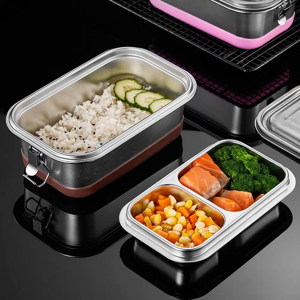 

Sealed Stainless Steel Lunch Box Heat-resistant Divided Grids Food Storage Container Double Layer Silicone Bottom