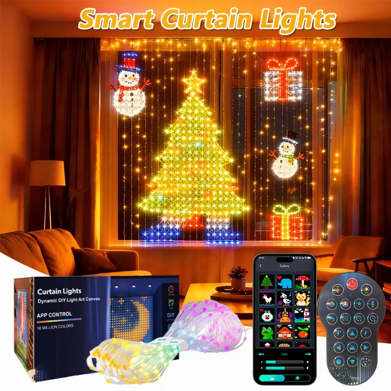 APP Remote Control Text Pattern Scene Led String Lights Christmas Wedding Holiday 400 LED RGB DIY Smart Curtain Garland Light。