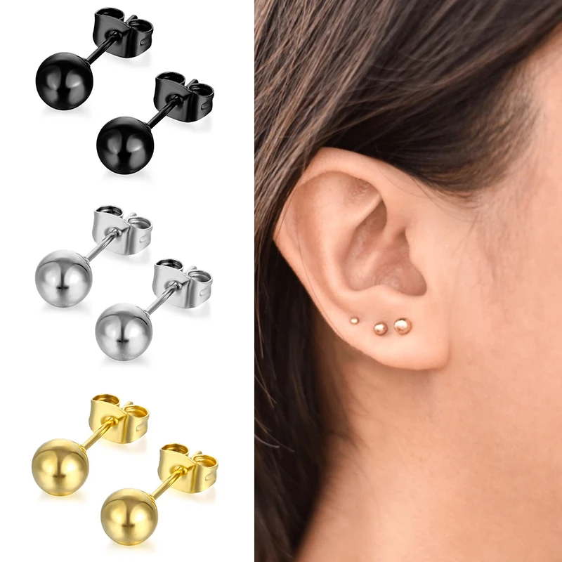 3-7mm Round Ball Multicolor Women Men Stud Earrings Stainless Steel Ear Post Stud Earrings Fashion Girls Party Jewelry Gifts