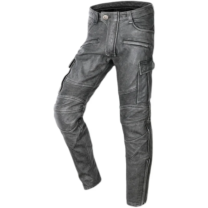 Riding Windproof Retro Motorcycle Leather Pants Vintage Grey Black Leather Trousers Men Thick Natural Cowhide Men's Biker Pants