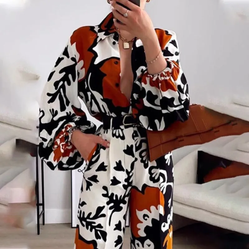 Fashionable Women's Printed Suit With Elegant Temperament, Two-piece Set With Belt, Lantern Sleeves, Long Sleeves, And Pants Set