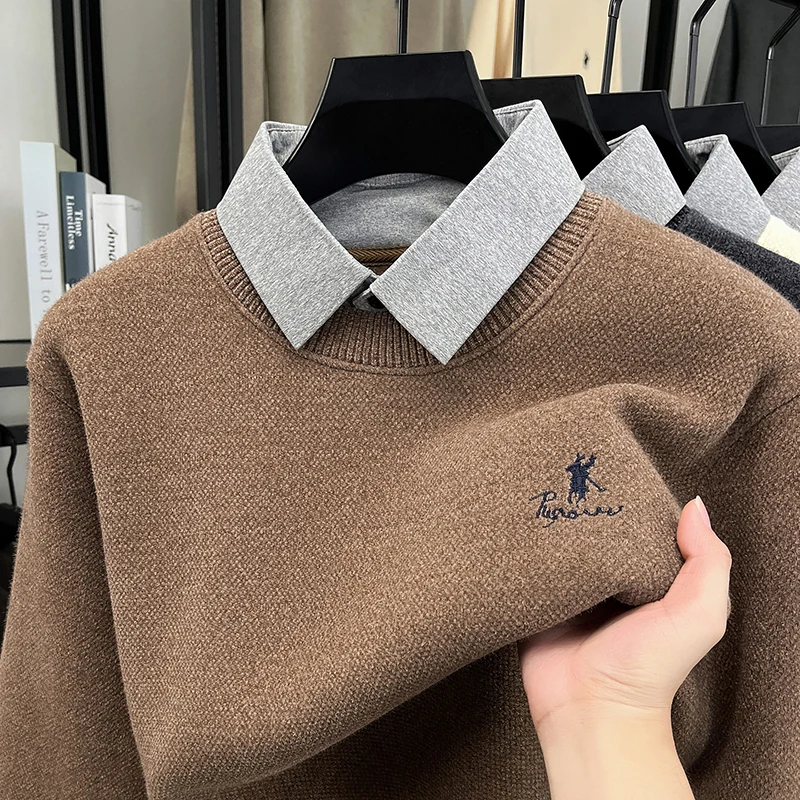 Personality fake two pieces men's sweater high-end brand luxury Paul pony embroidery new comfort casual fashion lapel pullover