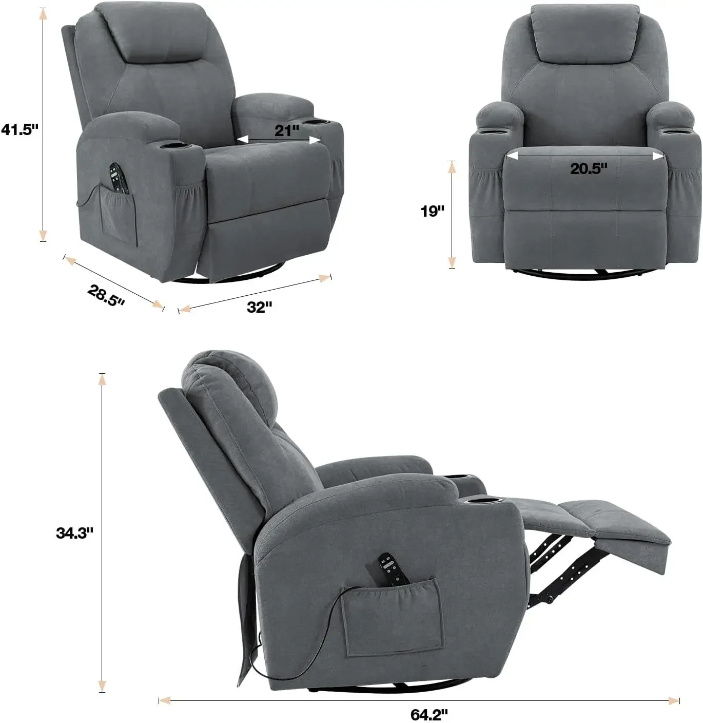 Rocking Chair Recliner Chair with Massage Swivel Ergonomic Lounge Chair Classic Single Sofa with 2 Cup Holders Side