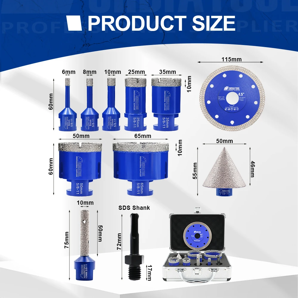 SHDIATOOL 1set/11pcs 5/8-11Thread Drill Bits With Box 10mm Finger Bit+50mm Chamfer Bit+SDS Adapter+115mm X Mesh Cutting Disc