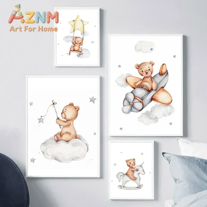 AZNM Watercolor Teddy Bear Canvas Poster Moon Star Cloud Balloon Unicorn Airplane Cute Animal Art Print Baby Boy Nursery Wall De