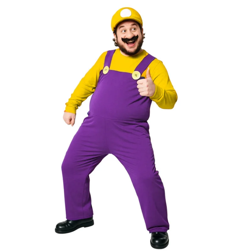 Mono de fontanero rojo, amarillo y morado para adulto, disfraz de Cosplay, disfraz de juego de Carnaval festivo para hombre, incluye sombrero, guantes, barba falsa