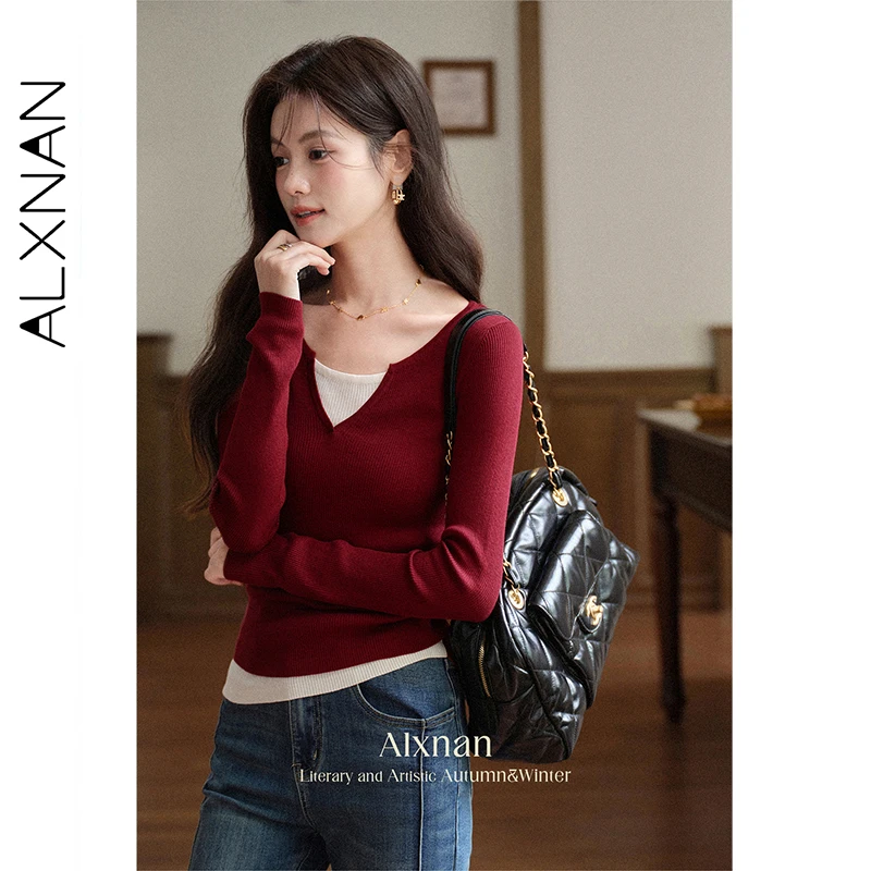 ALXNAN-camisetas rojas para mujer, camisetas ajustadas de manga larga con cuello en V, camisetas elásticas con paneles de punto de Color, novedad de Otoño de 2025 para mujer L569103