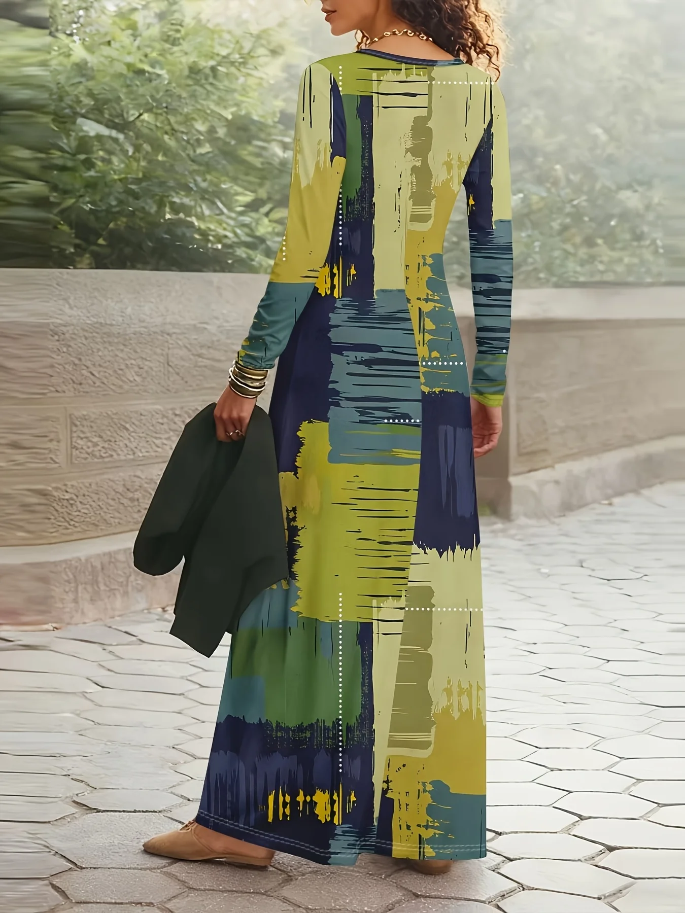 Printed design Casual Style Abstract Brushstroke Color Block Print Round Neck Long Sleeve Dress