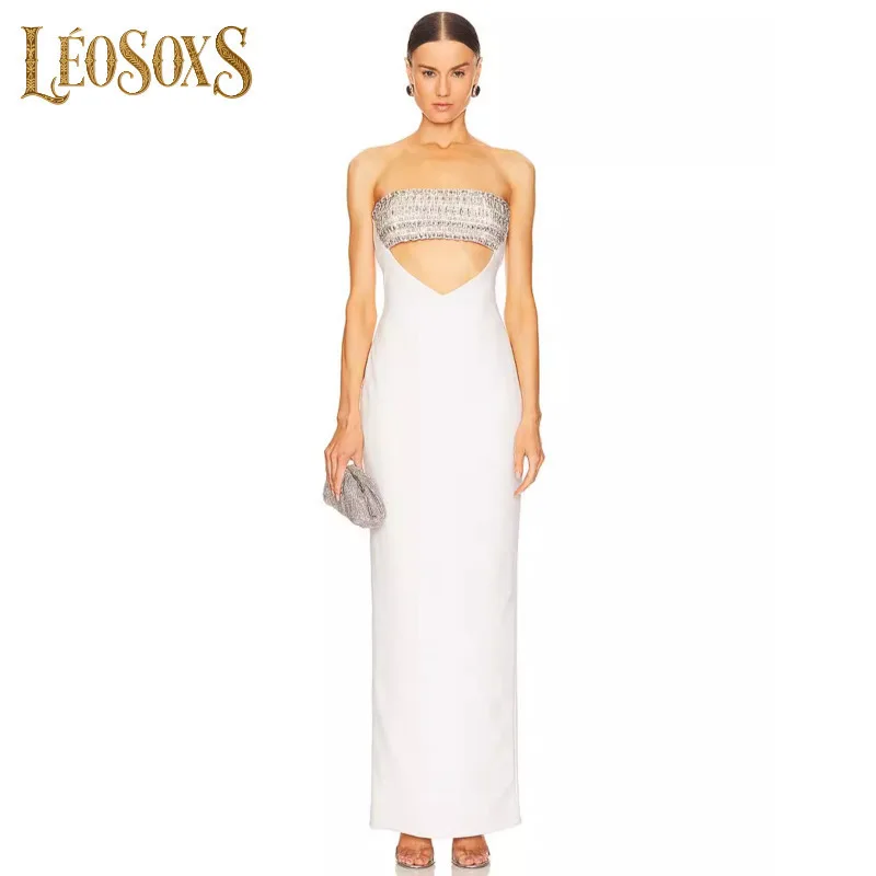 LEOSOXS 2025 Vrouwen Zomer Celebrity Nieuwe Strapless Uitgesneden Diamanten Witte Jurk Elegante Avond Club Feestjurk